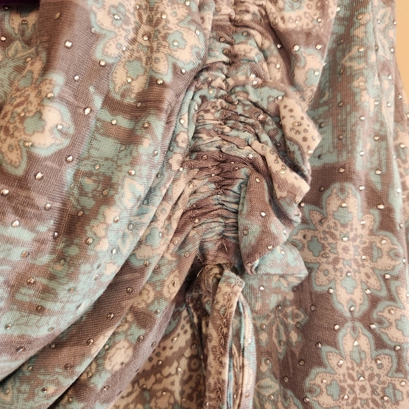 Ruby Rd Top Boho Paisley Cowl Neck Studs 3/4 Sleeve Grey Aqua Off White Medium - Picture 3 of 7